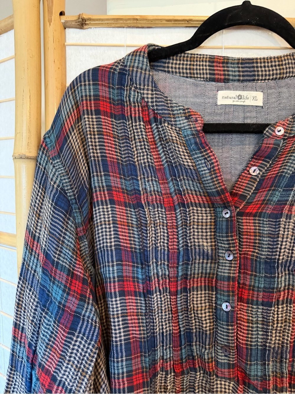 NATURAL LIFE 🤠 Plaid 3/4 Button Down Top in Navy, Red and Gray - Picture 3 of 5